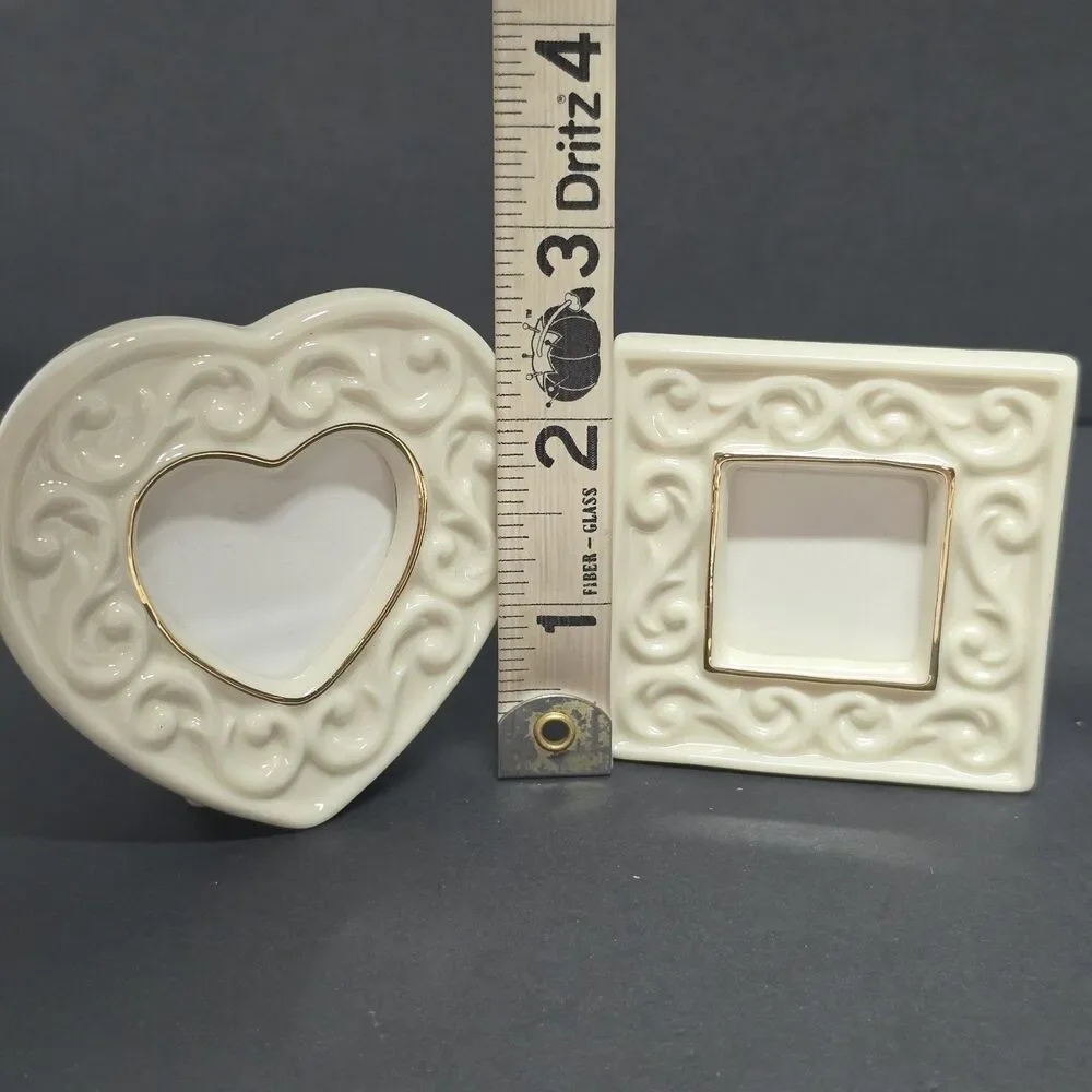 LENOX 3 DIFFERENT MINI IVORY PORCELAIN PICTURE FRAMES HEART CIRCLE SQUARE
